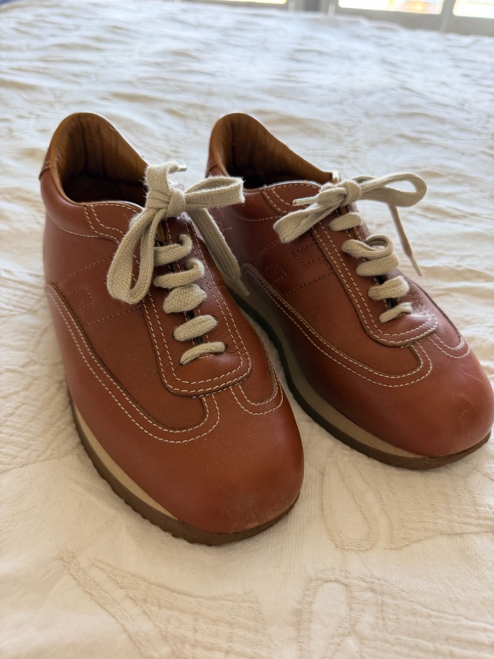 Hermes Brown Leather Casual Sneakers with Cream Laces